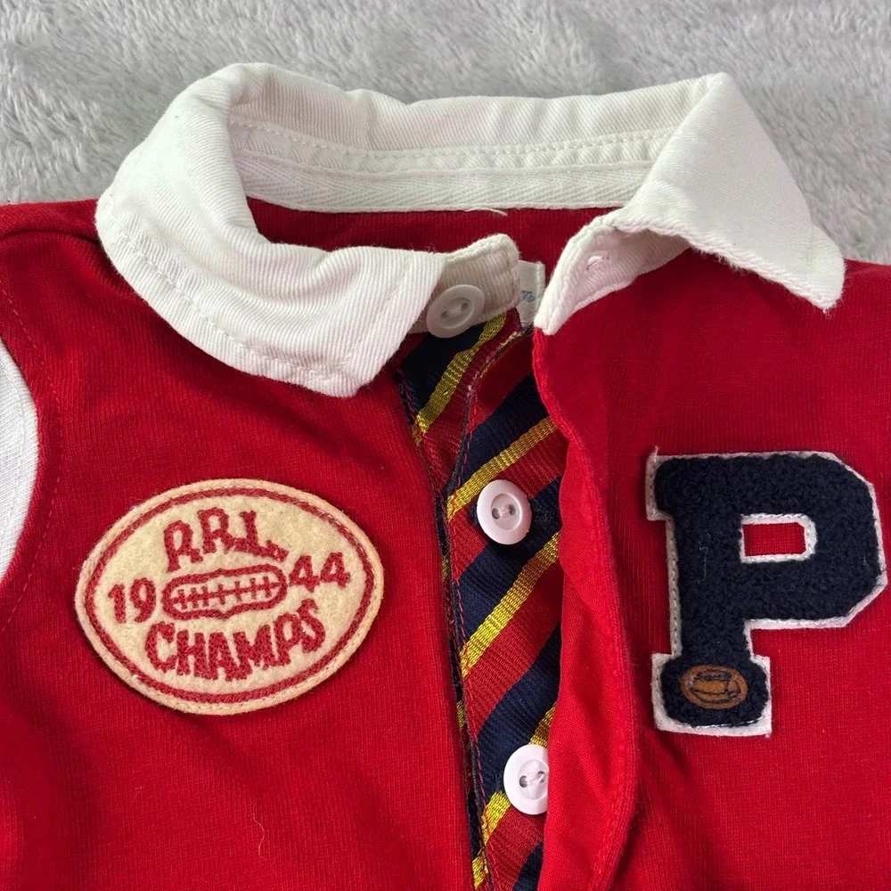 Ralph Lauren Baby One Piece Romper Sz 6M Red White Varsity Patch‎ Long Sleeve